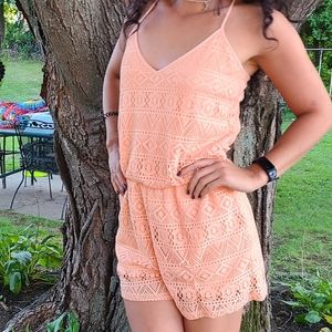 Boho peach pink lace romper Forever 21